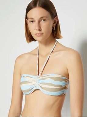 Jonathan Simkhai Adelina Zebra Print Light Blue & Olive Camo Bandeau Bikini Top